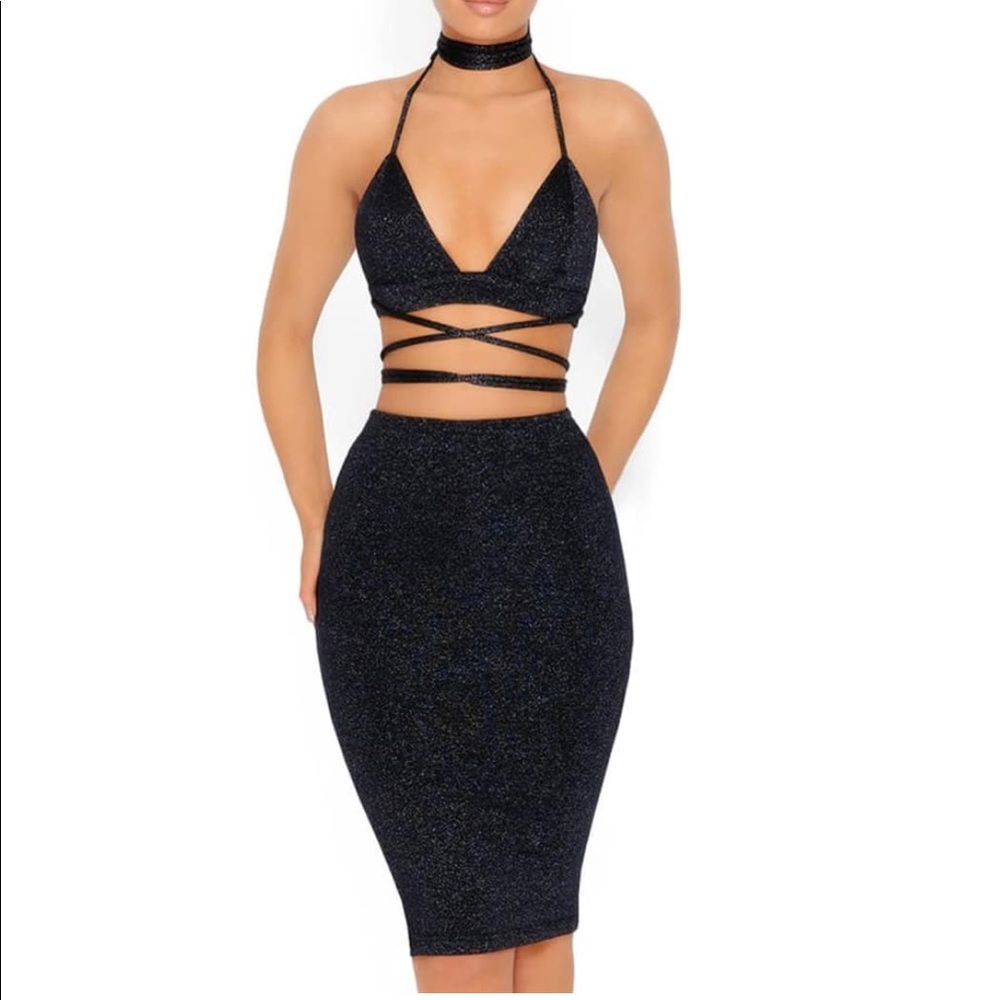 OH POLLY: METALLIC KNIT TWO PIECE SET IN BLACK